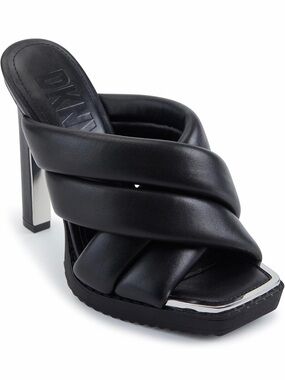 DKNY Madena Black Leather Puff Strap Square Toe Platform
Heels Mules Sandals